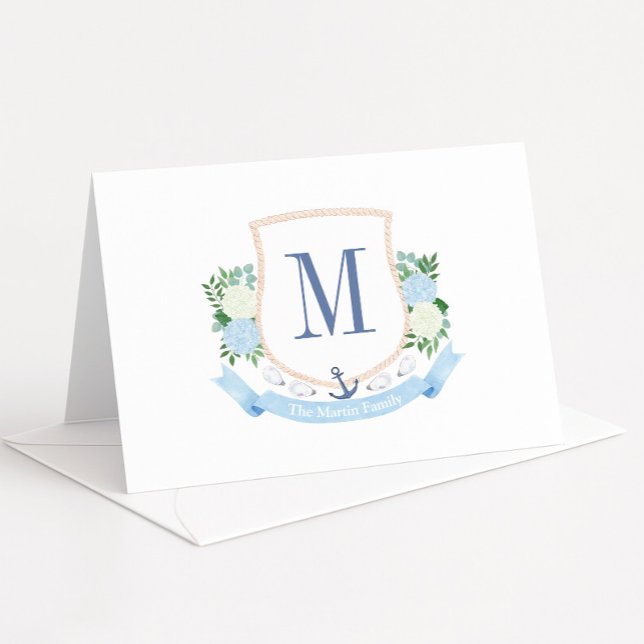 Blått och vitt monogram babyskor vid kusten tack kort (Single letter coastal-inspired monogram crest thank you card designs)