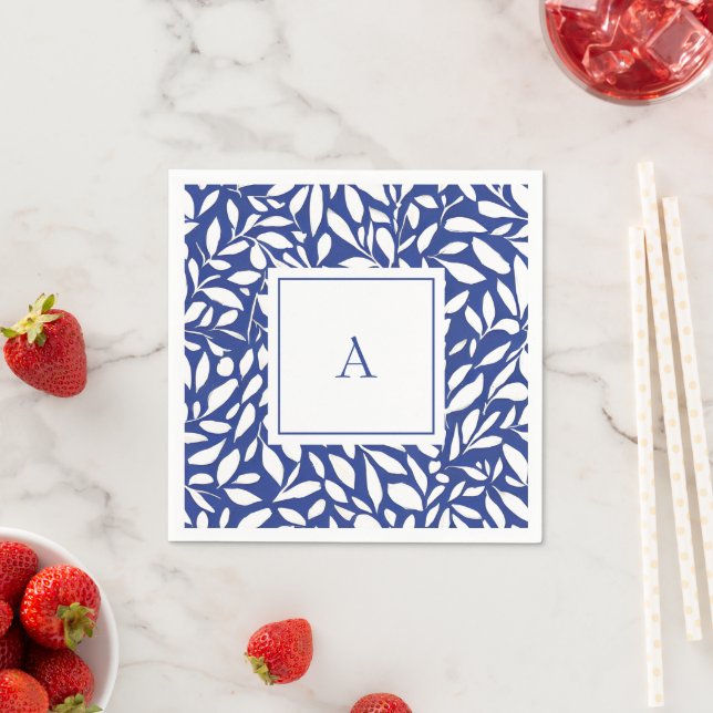 Blått och Vitt Monogramm Mönster med Löv Pappersservett (Insitu)