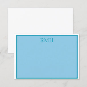 Blått och vitt monogrammat platt anteckningskort inbjudningar