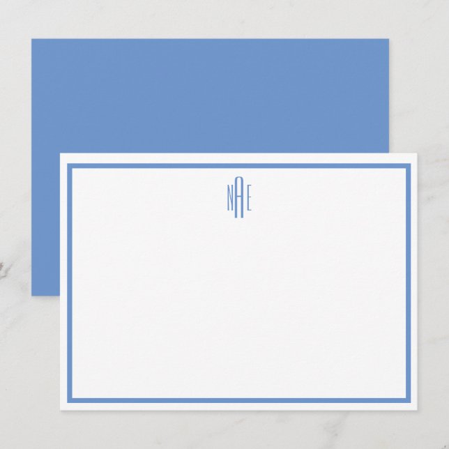 Blått och vitt monogrammat platta anteckningskort  inbjudningar (Fram/baksida)
