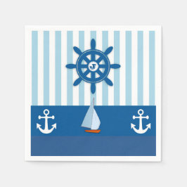 Blått och vitt nautiskt temat Monogram design. Pappersservett