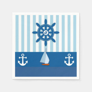 Blått och vitt nautiskt temat Monogram design. Pappersservett