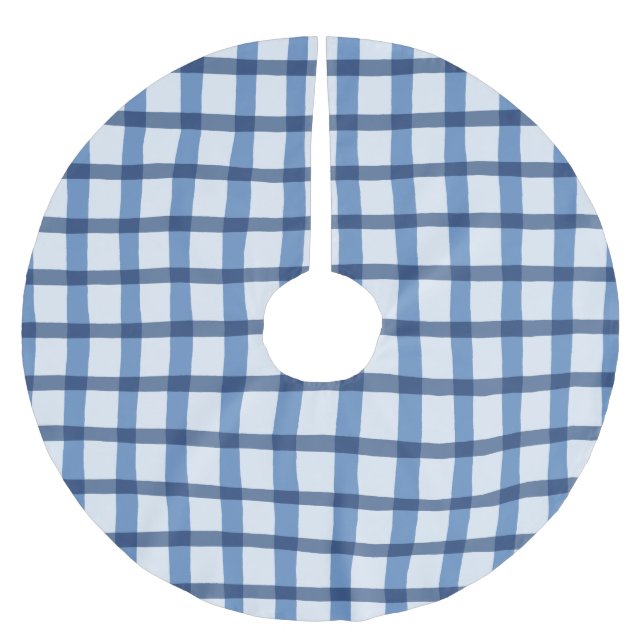 Blått och vitt Plaid Mönster Julgransmatta Borstad Polyester (Framsidan)