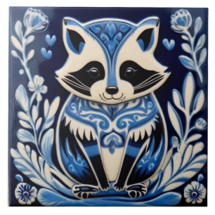 Blått och vitt raccoon Folk Art Kakelplatta