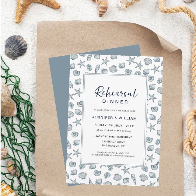 Blått och vitt Seashell Rehearsal Middag Meddelande (Skapare uppladdad)