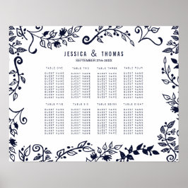 Blått och vitt sittdiagram för elegantens Blommigt Poster