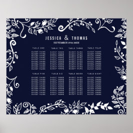 Blått och vitt sittdiagram för elegantens Blommigt Poster