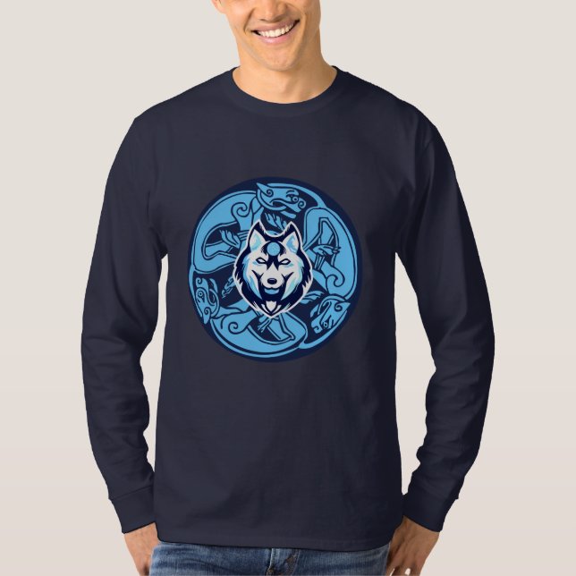 Blått och vitt skal varg t shirt (Framsida)