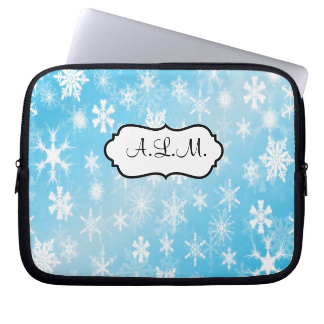 Blått och vitt Snöflingor Laptop sleeve (Framsidan)