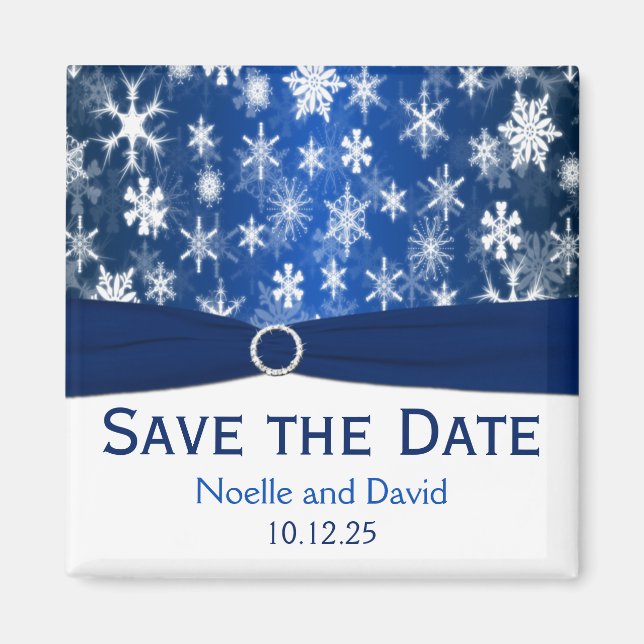 Blått och vitt Snöflingor Spara datum magneter (Framsidan)
