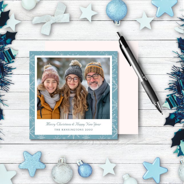 Blått och vitt snöflingstreck - fotokort för Helgd Julkort (Skapare uppladdad)
