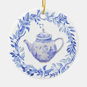 Blått och vitt Tea Pot med utandning Julgransprydnad Keramik