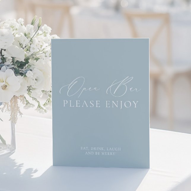 Blått och vitt tecken för kustdamm och vitt öppet  (Coastal Dusty Blue & White Open Bar Wedding Sign)