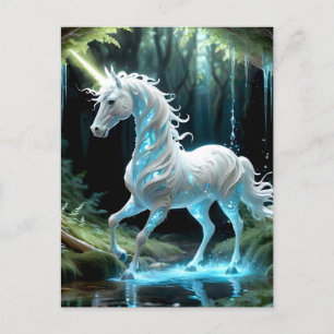 Blått och vitt Unicorn Walking in Stream Vykort
