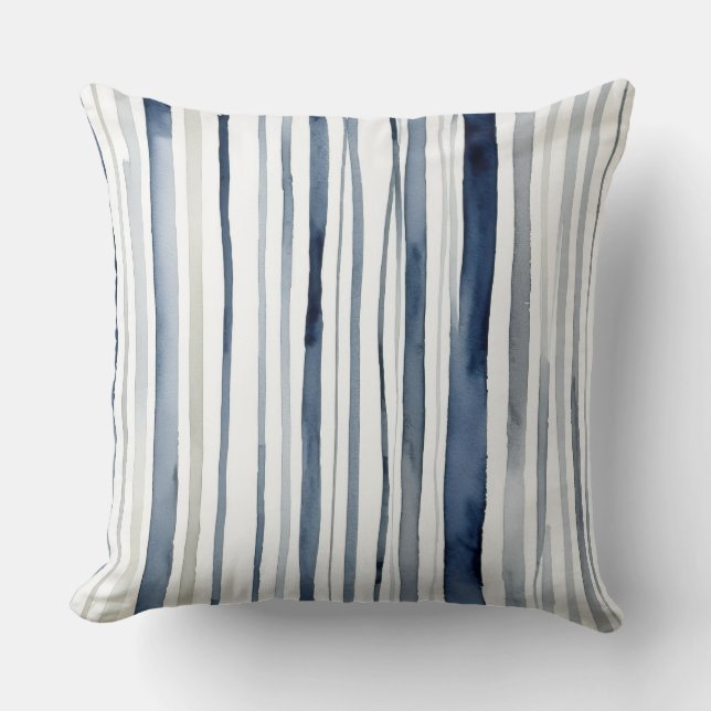Blått och vitt vattenfärgsfärgat rand kudde (Framsida)