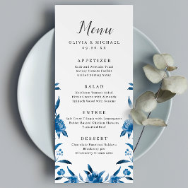 Blått och vitt vattenfärgsmeny blommigt bröllop meny