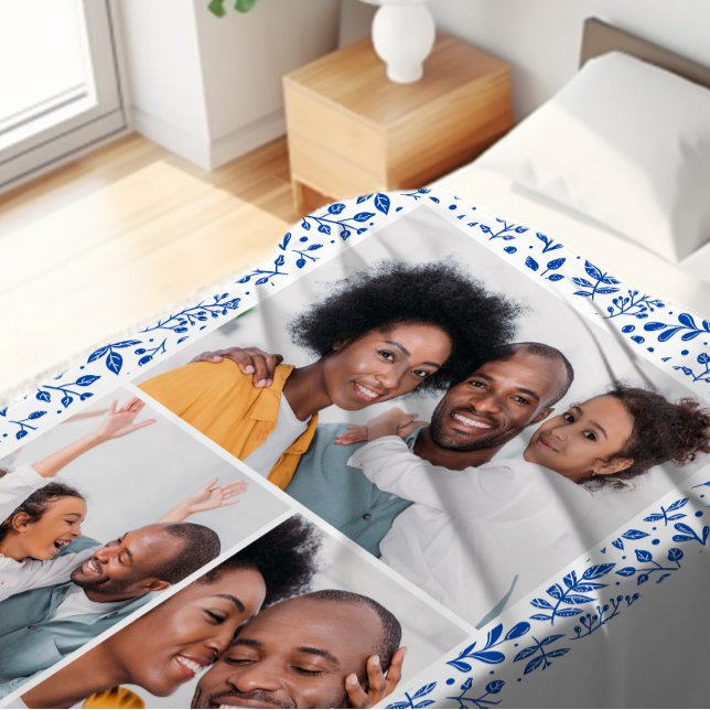 Blått och vitt vinter-botaniskt fotokollage fleecefilt (Skapare uppladdad)