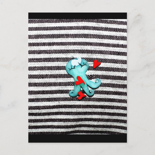 Blått octopoda, svart och vitt, rött vykort (Framsida)