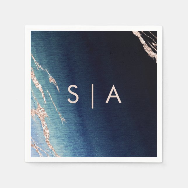 Blått ombre Agate & Ro Guld Bröllop Monogram Pappersservett (Framsidan)