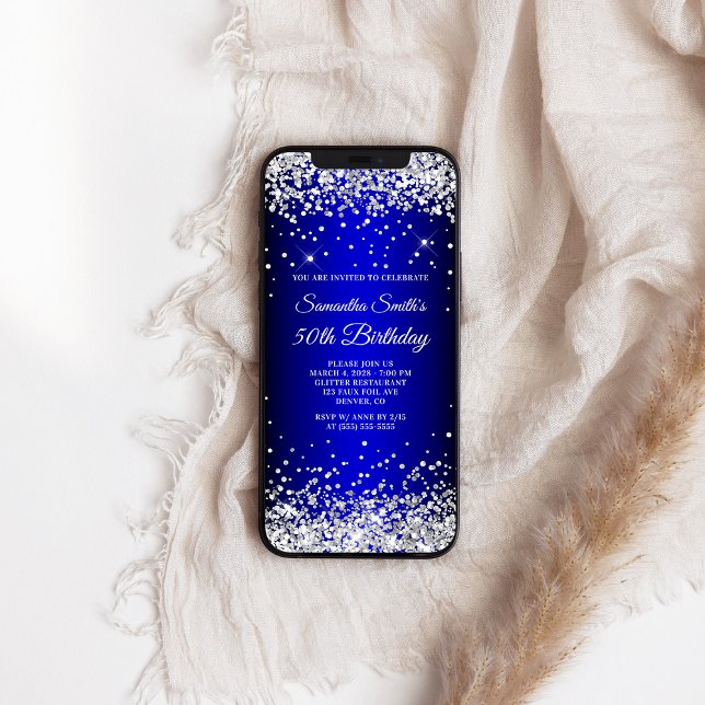 Blått ombre silver 50:e födelsedagen inbjudningar (Silver Glitter Blue Ombre 50th Birthday Invitation)
