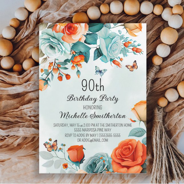 Blått Orange Blommigt Butterflies 90:e födelsedag Inbjudningar (Skapare uppladdad)