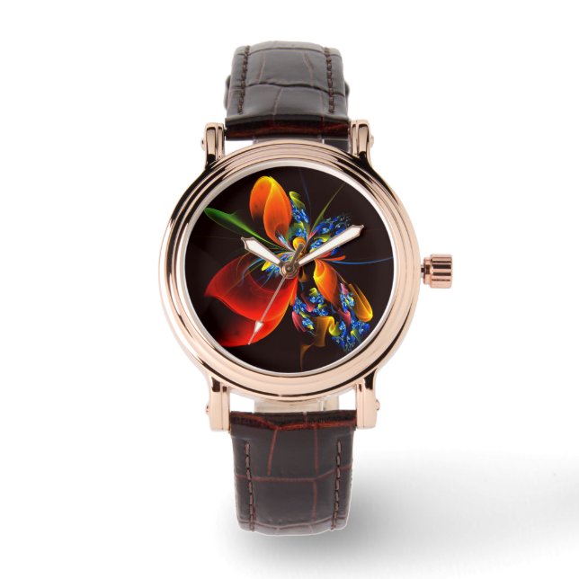 Blått Orange Blommigt Modern Abstrakt Art Mönster  Armbandsur (Framsida)