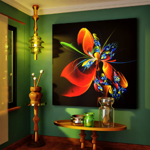 Blått Orange Blommigt Modern Abstrakt Art Mönster  Canvastryck