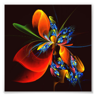 Blått Orange Blommigt Modern Abstrakt Art Mönster  Fototryck