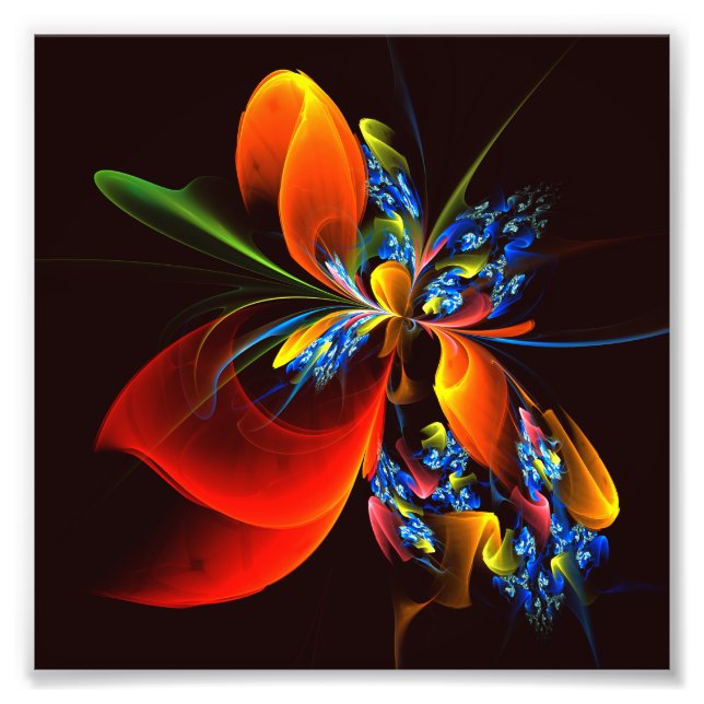 Blått Orange Blommigt Modern Abstrakt Art Mönster  Fototryck (Framsidan)
