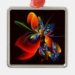 Blått Orange Blommigt Modern Abstrakt Art Mönster  Julgransprydnad Metall