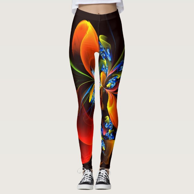 Blått Orange Blommigt Modern Abstrakt Art Mönster  Leggings (Framsida)