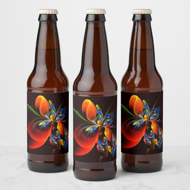 Blått Orange Blommigt Modern Abstrakt Art Mönster  Ölflaska Etikett (Flaskor)