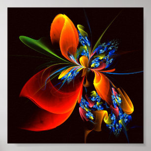 Blått Orange Blommigt Modern Abstrakt Art Mönster  Poster