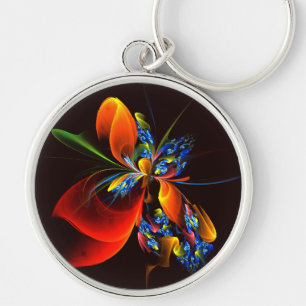 Blått Orange Blommigt Modern Abstrakt Art Mönster Rund Silverfärgad Nyckelring