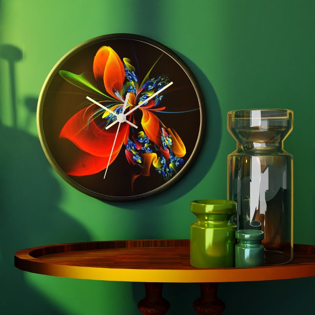 Blått Orange Blommigt Modern Abstrakt Art Mönster  Stor Klocka (Blue Orange Floral Modern Abstract Art Pattern #03 Clock)