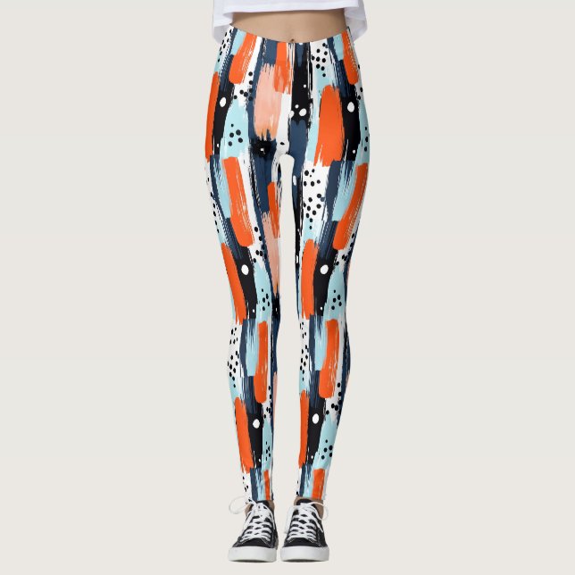 Blått Orange Brushstrokes Abstrakt Mönster Leggings (Framsida)