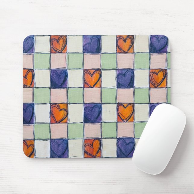 Blått orange grönt hjärta gingham Mouse pad Musmatta (Med mus)