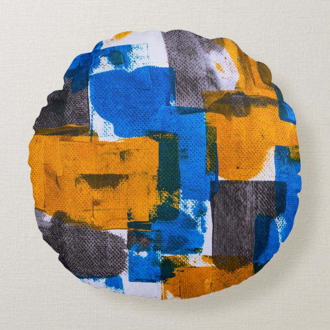 Blått, orange och grått abstrakt konst rund kudde (Framsidan)
