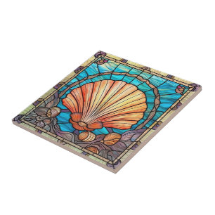 Blått Orange Seashell-glasskikt Kakelplatta