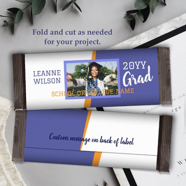 Blått, Orange Studenten Anpassningsbar Candy Pub W Flygblad (blue graduation personalized candy bar wrapper, diy chocolate bar label to celebrate your grad)