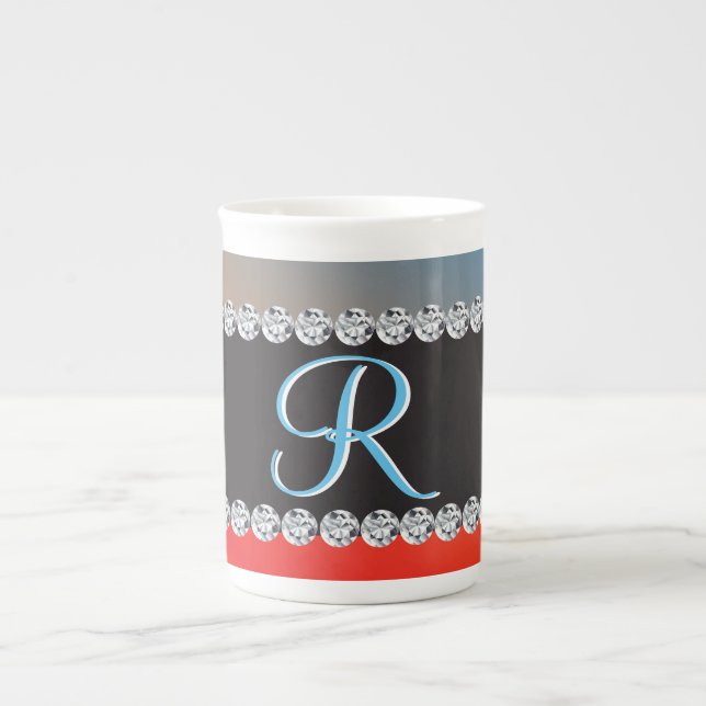 Blått Orange svart romb 3d Monogram Inledande Benporslin Mugg (Framsidan)