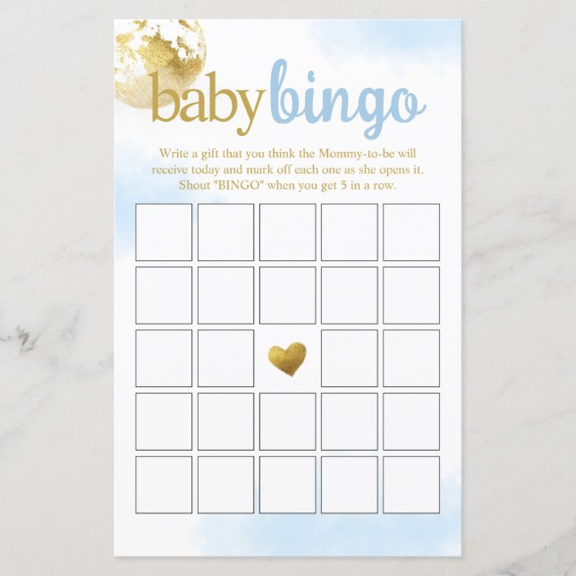 Blått över Måne Baby Bingo Baby Shower Game (Framsida)