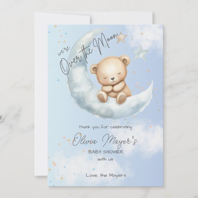 Blått över Måne Bear Baby Shower - tackkort Tack Kort (Framsida)