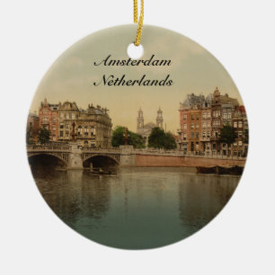 Blått överbryggar och den Amstel floden, Amsterd Julgransprydnad Keramik