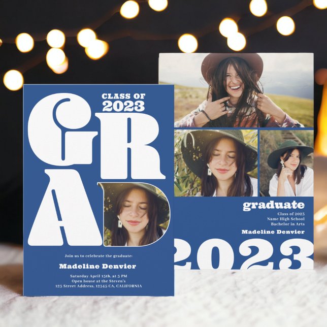Blått överdimensionerat Grad 4-foto 2023 studenten Inbjudningar (Blue bold oversized Grad 4 photo 2023 graduation Invitation)