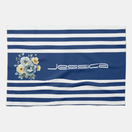 Blått överkant med vit Rand Blommigt Kökshandduk