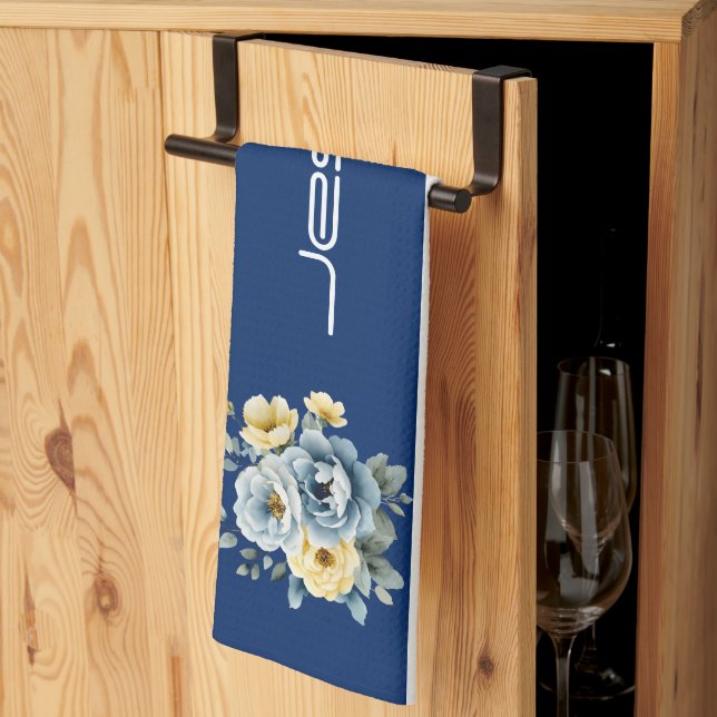 Blått överkant med vit Rand Blommigt Kökshandduk (Thirds Fold)