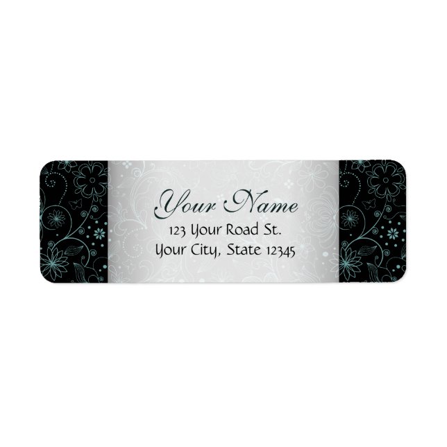 Blått på den svart blom- gränsen returadress etikett (Framsidan)