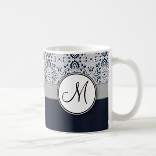 Blått på för w-marin för silver damastast rand kaffemugg