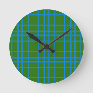 Blått på Grönt Tartan Play Mönster Design Rund Klocka
